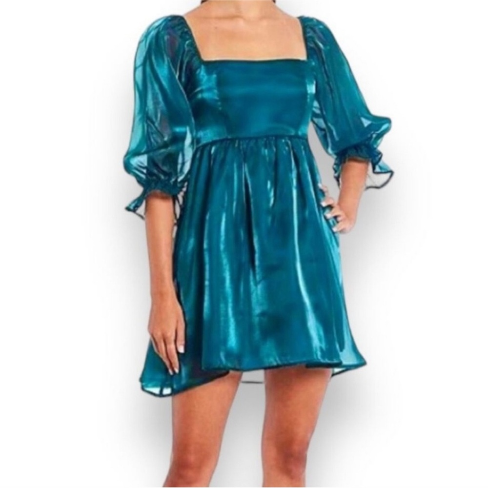 Thirty Thirty LA Teal Puff Sleeve Satin Mini Dress Size Large‎